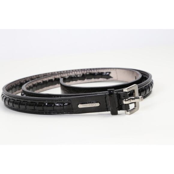 Calvin Klein Black Patent Leather Braided Link Skinny Belt Size L Silver Buckle